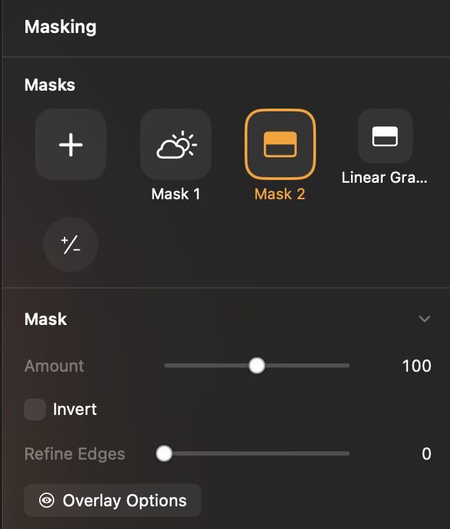 El tauler de màscares: Mask 1, Mask 2 i un degradat lineal, amb Amount, Invert i Refine Edges