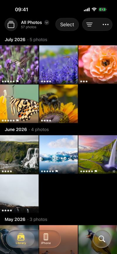 LightBites en un iPhone: totes les fotos per mesos, amb valoracions i seleccionades