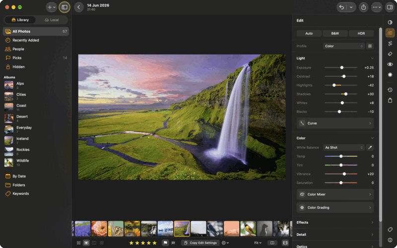 LightBites en un Mac: una foto de Seljalandsfoss a Develop, amb els controls lliscants de Light i Color al costat